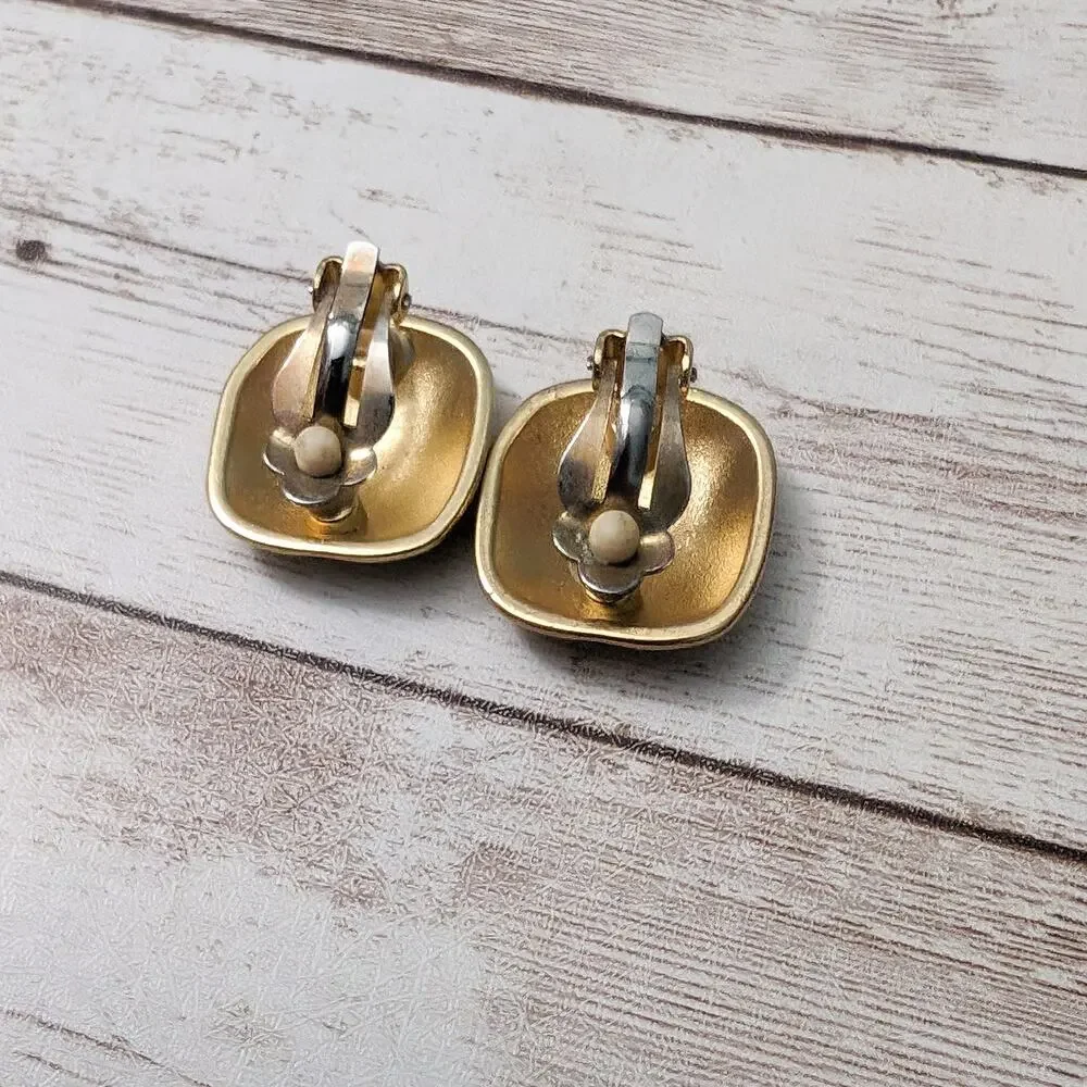 Vintage Clip On Earrings Rounded Square Irregular Gold Tone - Fair Condition